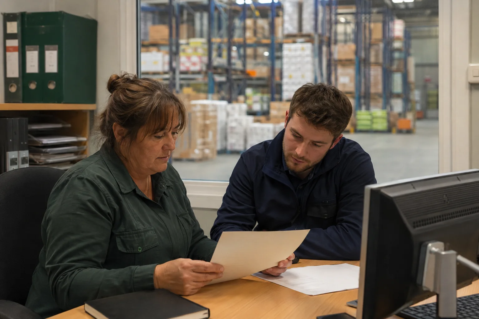 AI-generated illustration of two colleagues reviewing an order together in a warehouse office.