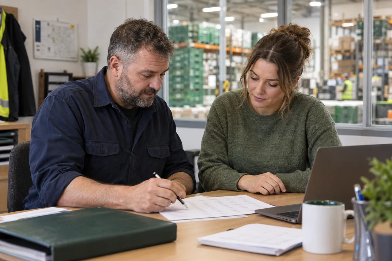 Illustrative scene of two operations colleagues reviewing paperwork together beside a warehouse.