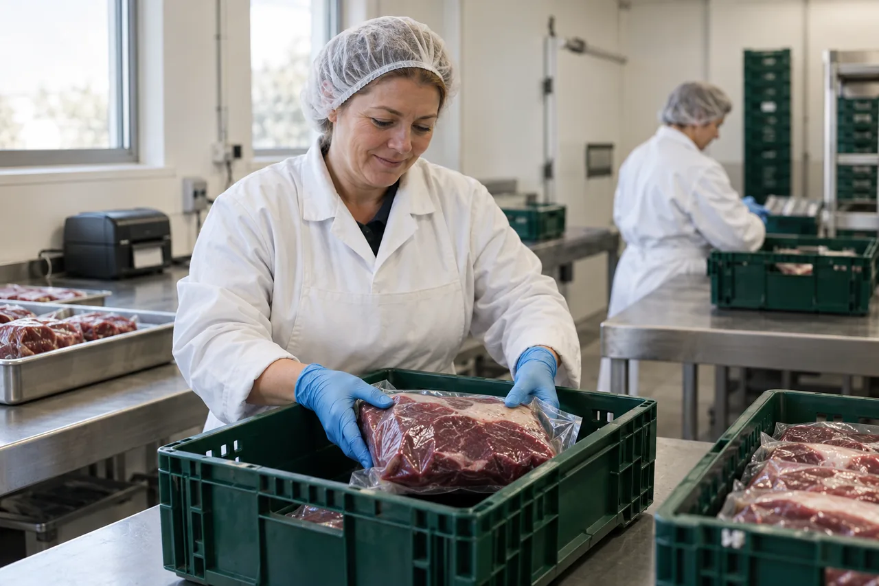 Illustrative scene of a meat-wholesale operative placing a vacuum-sealed beef cut into a green crate.