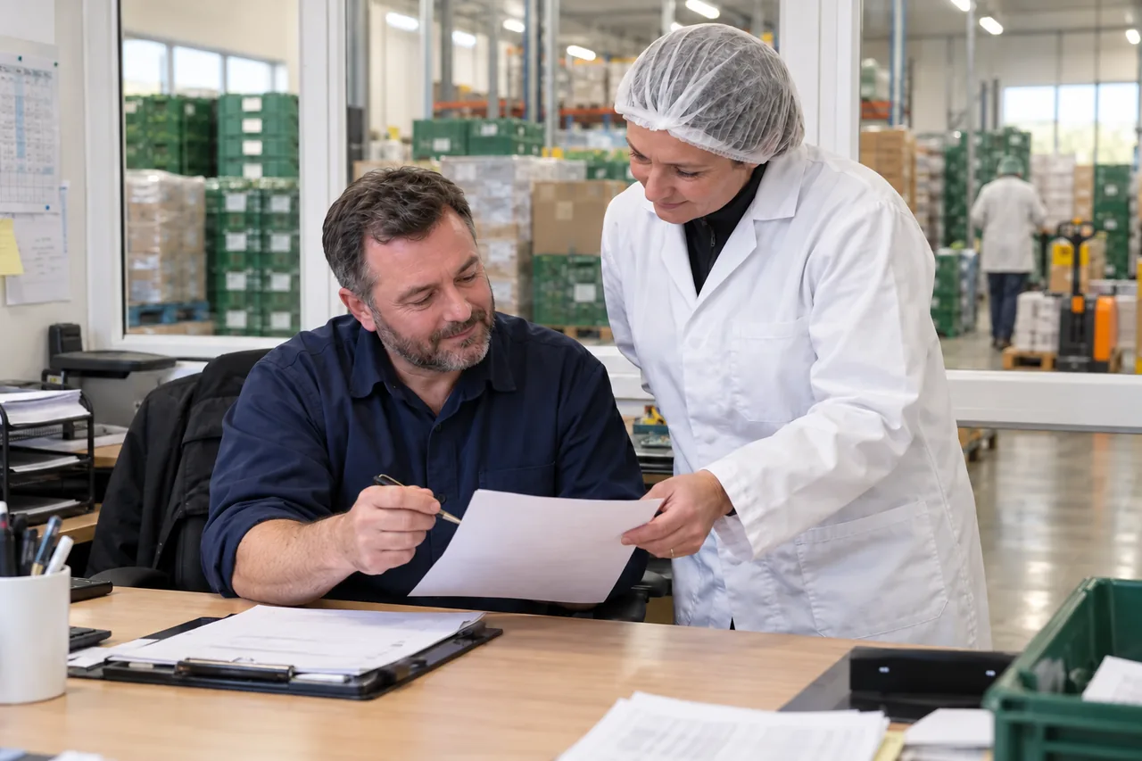 Illustrative food-wholesale colleagues reviewing an order record together beside the warehouse