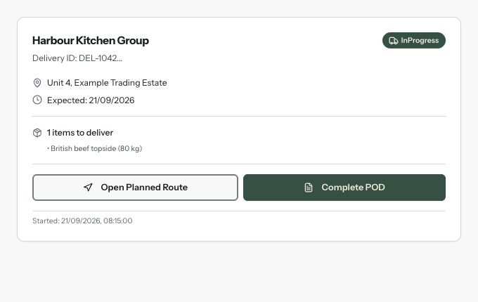 Actual Larder delivery card for fictional customer Harbour Kitchen Group, with planned-route and complete-POD actions.